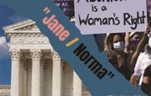 Roe vx Wade poster. In the background are white columns, with a side view of Lady Justice.