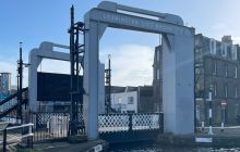 Leamington Lift Bridge with the pedestrian canal crossing behind it